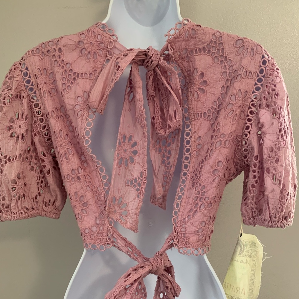 NWT Aratta Lace Crochet Puff Sleeve Crop Top - Dusty Rose - Picture 15 of 16